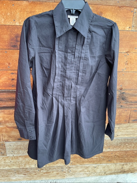 Hannah Tops - Hannah Black Pleated Button Down Tunic Shirt Size M Stretch Long Sleeve